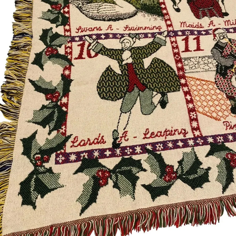Vintage 12 Days of Christmas Woven Tapestry Throw Blanket Fringe 49x71 Large